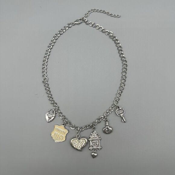 Juicy Couture Charm Necklace 5 Charms Heart Clock Padlock Silvertone Crystals - Picture 1 of 5